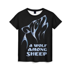 Женская футболка 3D с принтом Волк среди овец в Новосибирске, 100% полиэфир ( синтетическое хлопкоподобное полотно) | прямой крой, круглый вырез горловины, длина до линии бедер | Тематика изображения на принте: wolf among sheep | татуировка | хищник