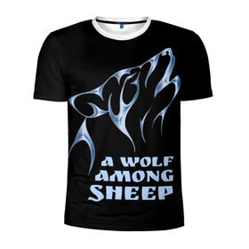 Мужская футболка 3D спортивная с принтом Волк среди овец в Новосибирске, 100% полиэстер с улучшенными характеристиками | приталенный силуэт, круглая горловина, широкие плечи, сужается к линии бедра | Тематика изображения на принте: wolf among sheep | татуировка | хищник