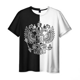 Мужская футболка 3D с принтом Черно-белый герб РФ в Новосибирске, 100% полиэфир | прямой крой, круглый вырез горловины, длина до линии бедер | russia | белый | герб | двуглавый орел | империя великая | красивая | моя страна | патриот | патриотизм | прикольная | российский | россия | русь | рф | символ | татуировка | флаг | черный