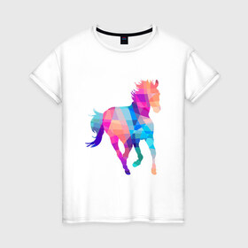 Женская футболка хлопок с принтом Poly в Новосибирске, 100% хлопок | прямой крой, круглый вырез горловины, длина до линии бедер, слегка спущенное плечо | Тематика изображения на принте: жеребец | конь | лошадь | полигон | феррари
