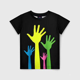 Детская футболка 3D с принтом Руки вверх! в Новосибирске, 100% гипоаллергенный полиэфир | прямой крой, круглый вырез горловины, длина до линии бедер, чуть спущенное плечо, ткань немного тянется | Тематика изображения на принте: светящиеся | флуоресцентный | флюр | флюровый