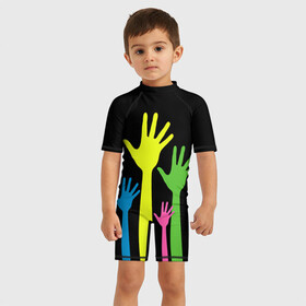 Детский купальный костюм 3D с принтом Руки вверх! в Новосибирске, Полиэстер 85%, Спандекс 15% | застежка на молнии на спине | светящиеся | флуоресцентный | флюр | флюровый
