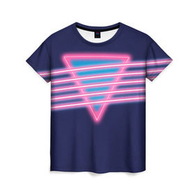 Женская футболка 3D с принтом Неон в Новосибирске, 100% полиэфир ( синтетическое хлопкоподобное полотно) | прямой крой, круглый вырез горловины, длина до линии бедер | линии | полосы | светящиеся | треугольник | флуоресцентный | флюр | флюровый