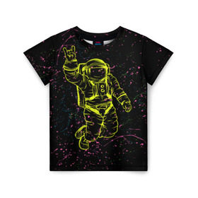 Детская футболка 3D с принтом Космический рок в Новосибирске, 100% гипоаллергенный полиэфир | прямой крой, круглый вырез горловины, длина до линии бедер, чуть спущенное плечо, ткань немного тянется | Тематика изображения на принте: космонавт | светящиеся | скафандр | флуоресцентный | флюр | флюровый