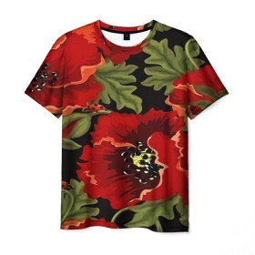 Мужская футболка 3D с принтом Цветение мака в Новосибирске, 100% полиэфир | прямой крой, круглый вырез горловины, длина до линии бедер | flower | красные | полевой цветок | природа | розы | текстуры | цветочки | цветы
