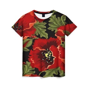 Женская футболка 3D с принтом Цветение мака в Новосибирске, 100% полиэфир ( синтетическое хлопкоподобное полотно) | прямой крой, круглый вырез горловины, длина до линии бедер | flower | красные | полевой цветок | природа | розы | текстуры | цветочки | цветы