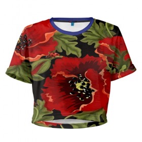 Женская футболка 3D укороченная с принтом Цветение мака в Новосибирске, 100% полиэстер | круглая горловина, длина футболки до линии талии, рукава с отворотами | flower | красные | полевой цветок | природа | розы | текстуры | цветочки | цветы