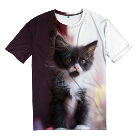 Мужская футболка 3D с принтом Черно - белый котенок в Новосибирске, 100% полиэфир | прямой крой, круглый вырез горловины, длина до линии бедер | грустный | добрый | животное | киса | киска кися | кот | котенок | котэ | кошка | лапа | лапка | ласковый | милый | моська | мурлыка | смешной | унылый | усатый | шерсть