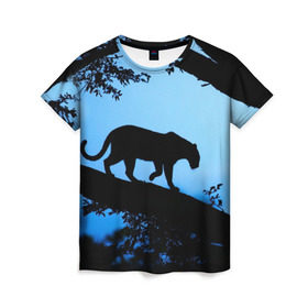 Женская футболка 3D с принтом Чёрная пантера в Новосибирске, 100% полиэфир ( синтетическое хлопкоподобное полотно) | прямой крой, круглый вырез горловины, длина до линии бедер | Тематика изображения на принте: африка | вечер | дерево | дикая кошка | закат | леопард | сафари | ягуар