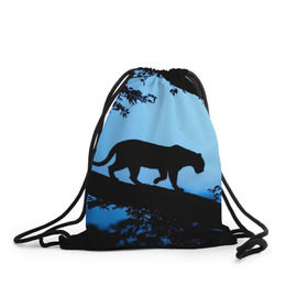 Рюкзак-мешок 3D с принтом Чёрная пантера в Новосибирске, 100% полиэстер | плотность ткани — 200 г/м2, размер — 35 х 45 см; лямки — толстые шнурки, застежка на шнуровке, без карманов и подкладки | африка | вечер | дерево | дикая кошка | закат | леопард | сафари | ягуар