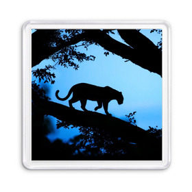 Магнит 55*55 с принтом Чёрная пантера в Новосибирске, Пластик | Размер: 65*65 мм; Размер печати: 55*55 мм | Тематика изображения на принте: африка | вечер | дерево | дикая кошка | закат | леопард | сафари | ягуар