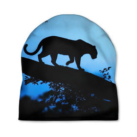 Шапка 3D с принтом Чёрная пантера в Новосибирске, 100% полиэстер | универсальный размер, печать по всей поверхности изделия | африка | вечер | дерево | дикая кошка | закат | леопард | сафари | ягуар