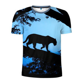 Мужская футболка 3D спортивная с принтом Чёрная пантера в Новосибирске, 100% полиэстер с улучшенными характеристиками | приталенный силуэт, круглая горловина, широкие плечи, сужается к линии бедра | африка | вечер | дерево | дикая кошка | закат | леопард | сафари | ягуар