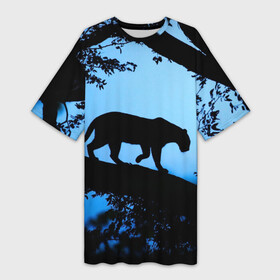 Платье-футболка 3D с принтом Чёрная пантера в Новосибирске,  |  | африка | вечер | дерево | дикая кошка | закат | леопард | сафари | ягуар