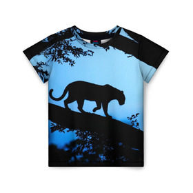 Детская футболка 3D с принтом Чёрная пантера в Новосибирске, 100% гипоаллергенный полиэфир | прямой крой, круглый вырез горловины, длина до линии бедер, чуть спущенное плечо, ткань немного тянется | Тематика изображения на принте: африка | вечер | дерево | дикая кошка | закат | леопард | сафари | ягуар