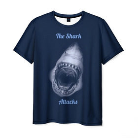 Мужская футболка 3D с принтом the shark attacks в Новосибирске, 100% полиэфир | прямой крой, круглый вырез горловины, длина до линии бедер | shark | акула | глубина | зубы | море | океан | пасть | укус | хищник