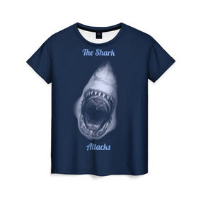 Женская футболка 3D с принтом the shark attacks в Новосибирске, 100% полиэфир ( синтетическое хлопкоподобное полотно) | прямой крой, круглый вырез горловины, длина до линии бедер | shark | акула | глубина | зубы | море | океан | пасть | укус | хищник