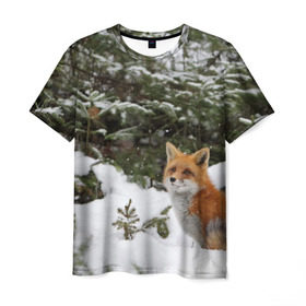 Мужская футболка 3D с принтом Лиса в зимнем лесу в Новосибирске, 100% полиэфир | прямой крой, круглый вырез горловины, длина до линии бедер | Тематика изображения на принте: fox | животное | зверь | красивая | лес | лис | лиса | лисенок | лисица | лисичка | мех | патрикеевна | песец | плутовка | прикольная | природа | рыжая | рыжий цвет | сказка | хвост | хитрая | хищник