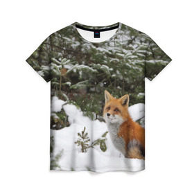 Женская футболка 3D с принтом Лиса в зимнем лесу в Новосибирске, 100% полиэфир ( синтетическое хлопкоподобное полотно) | прямой крой, круглый вырез горловины, длина до линии бедер | Тематика изображения на принте: fox | животное | зверь | красивая | лес | лис | лиса | лисенок | лисица | лисичка | мех | патрикеевна | песец | плутовка | прикольная | природа | рыжая | рыжий цвет | сказка | хвост | хитрая | хищник
