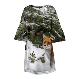 Детское платье 3D с принтом Лиса в зимнем лесу в Новосибирске, 100% полиэстер | прямой силуэт, чуть расширенный к низу. Круглая горловина, на рукавах — воланы | fox | животное | зверь | красивая | лес | лис | лиса | лисенок | лисица | лисичка | мех | патрикеевна | песец | плутовка | прикольная | природа | рыжая | рыжий цвет | сказка | хвост | хитрая | хищник