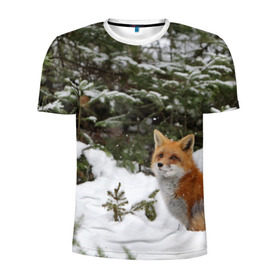 Мужская футболка 3D спортивная с принтом Лиса в зимнем лесу в Новосибирске, 100% полиэстер с улучшенными характеристиками | приталенный силуэт, круглая горловина, широкие плечи, сужается к линии бедра | fox | животное | зверь | красивая | лес | лис | лиса | лисенок | лисица | лисичка | мех | патрикеевна | песец | плутовка | прикольная | природа | рыжая | рыжий цвет | сказка | хвост | хитрая | хищник