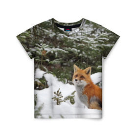 Детская футболка 3D с принтом Лиса в зимнем лесу в Новосибирске, 100% гипоаллергенный полиэфир | прямой крой, круглый вырез горловины, длина до линии бедер, чуть спущенное плечо, ткань немного тянется | fox | животное | зверь | красивая | лес | лис | лиса | лисенок | лисица | лисичка | мех | патрикеевна | песец | плутовка | прикольная | природа | рыжая | рыжий цвет | сказка | хвост | хитрая | хищник