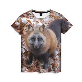 Женская футболка 3D с принтом Черный лис в Новосибирске, 100% полиэфир ( синтетическое хлопкоподобное полотно) | прямой крой, круглый вырез горловины, длина до линии бедер | fox | животное | зверь | красивая | лес | лис | лиса | лисенок | лисица | лисичка | мех | патрикеевна | песец | плутовка | прикольная | природа | рыжая | рыжий цвет | сказка | хвост | хитрая | хищник