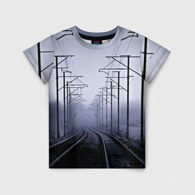 Детская футболка 3D с принтом Туманная дорога в Новосибирске, 100% гипоаллергенный полиэфир | прямой крой, круглый вырез горловины, длина до линии бедер, чуть спущенное плечо, ткань немного тянется | Тематика изображения на принте: 3d | железная дорога | пути | столбы | страны | туман | туманная дорога