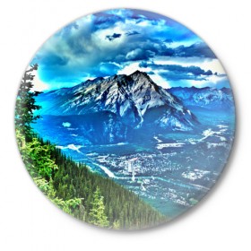 Значок с принтом Snowy mountains в Новосибирске,  металл | круглая форма, металлическая застежка в виде булавки | Тематика изображения на принте: 