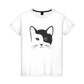 Женская футболка хлопок с принтом Кисонька в Новосибирске, 100% хлопок | прямой крой, круглый вырез горловины, длина до линии бедер, слегка спущенное плечо | Тематика изображения на принте: абстракция | белое | инь ян | инь янь | киса | кисонька | котик | кошак | кошка | чёрно белая | черное