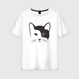 Женская футболка хлопок Oversize с принтом Кисонька в Новосибирске, 100% хлопок | свободный крой, круглый ворот, спущенный рукав, длина до линии бедер
 | абстракция | белое | инь ян | инь янь | киса | кисонька | котик | кошак | кошка | чёрно белая | черное