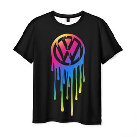 Мужская футболка 3D с принтом Volkswagen в Новосибирске, 100% полиэфир | прямой крой, круглый вырез горловины, длина до линии бедер | brand | bright | car | color | drops | flow | germany | logo | rainbow | sign | spectrum | volkswagen | автомобиль | германия | знак | капли | логотип | марка | радуга | спектр | течет | цвет | яркий