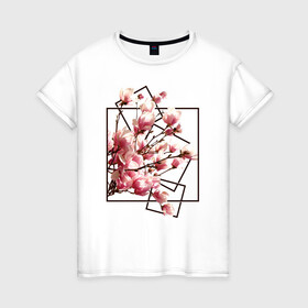 Женская футболка хлопок с принтом Магнолия в Новосибирске, 100% хлопок | прямой крой, круглый вырез горловины, длина до линии бедер, слегка спущенное плечо | весна | геометрия | деревья | квадраты | цветение | цветы