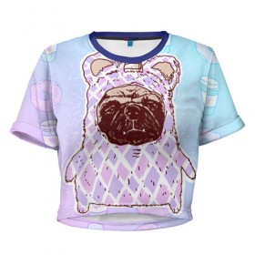 Женская футболка 3D укороченная с принтом мопс-единорог в Новосибирске, 100% полиэстер | круглая горловина, длина футболки до линии талии, рукава с отворотами | dog | mops | tmblr | tumbler | unicorn | единорог | мопс