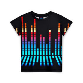 Детская футболка 3D с принтом Эквалайзер неон в Новосибирске, 100% гипоаллергенный полиэфир | прямой крой, круглый вырез горловины, длина до линии бедер, чуть спущенное плечо, ткань немного тянется | Тематика изображения на принте: музыка | полосы | разноцветный | яркий
