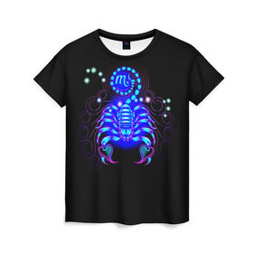 Женская футболка 3D с принтом Скорпион в Новосибирске, 100% полиэфир ( синтетическое хлопкоподобное полотно) | прямой крой, круглый вырез горловины, длина до линии бедер | Тематика изображения на принте: scorpius | арт | астрономия | другие | звезды | знак зодиака | космос | неоновые | прикольные | скорпион | яркие