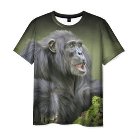 Мужская футболка 3D с принтом Шимпанзе в Новосибирске, 100% полиэфир | прямой крой, круглый вырез горловины, длина до линии бедер | животные | обезьяна 