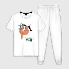 Мужская пижама хлопок с принтом Ленивец слушает музыку в Новосибирске, 100% хлопок | брюки и футболка прямого кроя, без карманов, на брюках мягкая резинка на поясе и по низу штанин
 | арт | ленивец | лень | музыка | прикольные
