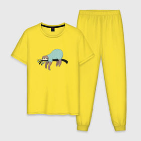Мужская пижама хлопок с принтом Ленивец спит в Новосибирске, 100% хлопок | брюки и футболка прямого кроя, без карманов, на брюках мягкая резинка на поясе и по низу штанин
 | Тематика изображения на принте: арт | ленивец | лень | прикольные | сон