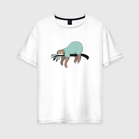 Женская футболка хлопок Oversize с принтом Ленивец спит в Новосибирске, 100% хлопок | свободный крой, круглый ворот, спущенный рукав, длина до линии бедер
 | арт | ленивец | лень | прикольные | сон