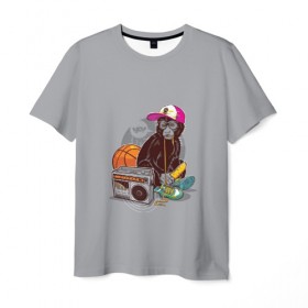 Мужская футболка 3D с принтом monkey music в Новосибирске, 100% полиэфир | прямой крой, круглый вырез горловины, длина до линии бедер | Тематика изображения на принте: monkey | банан | баскетбол | магнитофон | музыка | мяч | обезьяна | хипстер
