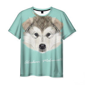 Мужская футболка 3D с принтом Alaskan Malamute в Новосибирске, 100% полиэфир | прямой крой, круглый вырез горловины, длина до линии бедер | alaskan malamute | dog | puppy | маламут | собака | хаски | щенок