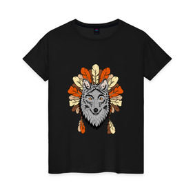 Женская футболка хлопок с принтом Волк индеец в Новосибирске, 100% хлопок | прямой крой, круглый вырез горловины, длина до линии бедер, слегка спущенное плечо | арт | волк | волкодав | животные | индейцы | перья | собака