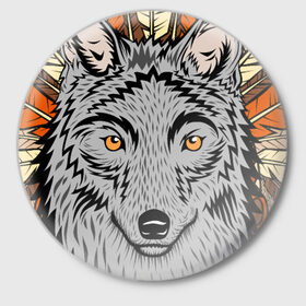 Значок с принтом Волк индеец в Новосибирске,  металл | круглая форма, металлическая застежка в виде булавки | арт | волк | волкодав | животные | индейцы | перья | собака