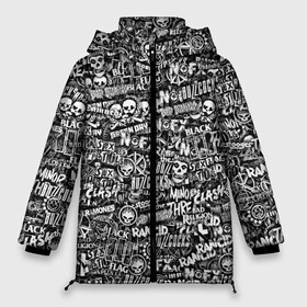 Женская зимняя куртка 3D с принтом Панк-рок стикербомбинг в Новосибирске, верх — 100% полиэстер; подкладка — 100% полиэстер; утеплитель — 100% полиэстер | длина ниже бедра, силуэт Оверсайз. Есть воротник-стойка, отстегивающийся капюшон и ветрозащитная планка. 

Боковые карманы с листочкой на кнопках и внутренний карман на молнии | Тематика изображения на принте: bad brains | bad religion | black flag | buzzcocks | clash | dead kennedys | green day | minor threat | misfits | nofx | rancid | social distortion | stooges