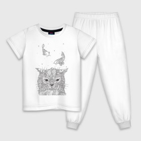 Детская пижама хлопок с принтом Мечтатель в Новосибирске, 100% хлопок |  брюки и футболка прямого кроя, без карманов, на брюках мягкая резинка на поясе и по низу штанин
 | воздушный | дзенарт | кот | мечта | принт | раскраска | рыба | рыбки | черно белый