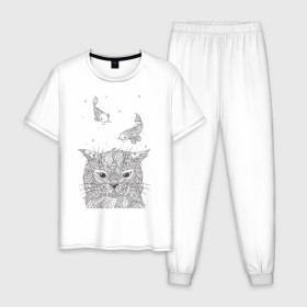 Мужская пижама хлопок с принтом Мечтатель в Новосибирске, 100% хлопок | брюки и футболка прямого кроя, без карманов, на брюках мягкая резинка на поясе и по низу штанин
 | Тематика изображения на принте: воздушный | дзенарт | кот | мечта | принт | раскраска | рыба | рыбки | черно белый