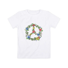 Детская футболка хлопок с принтом peace flowers в Новосибирске, 100% хлопок | круглый вырез горловины, полуприлегающий силуэт, длина до линии бедер | Тематика изображения на принте: flowers | peace | мир | цветы