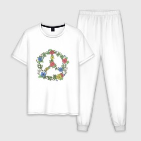Мужская пижама хлопок с принтом peace flowers в Новосибирске, 100% хлопок | брюки и футболка прямого кроя, без карманов, на брюках мягкая резинка на поясе и по низу штанин
 | flowers | peace | мир | цветы
