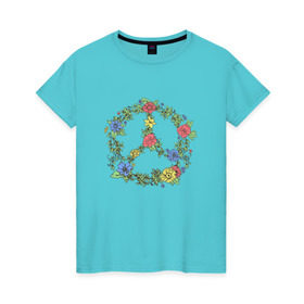 Женская футболка хлопок с принтом peace flowers в Новосибирске, 100% хлопок | прямой крой, круглый вырез горловины, длина до линии бедер, слегка спущенное плечо | flowers | peace | мир | цветы